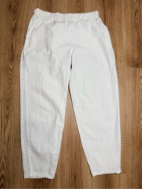 Women's White Linen Cotton Pants XL Elastic Waist Boho Lattice Trim Beach Summer